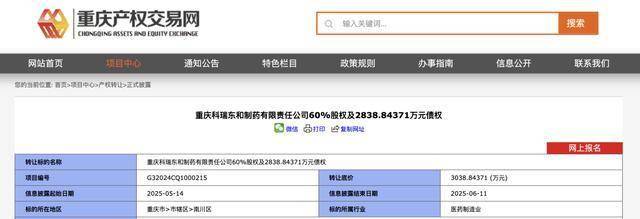重庆科瑞制药挂牌转让科瑞东和制药60%股权及2839万元债权，底价3039万元