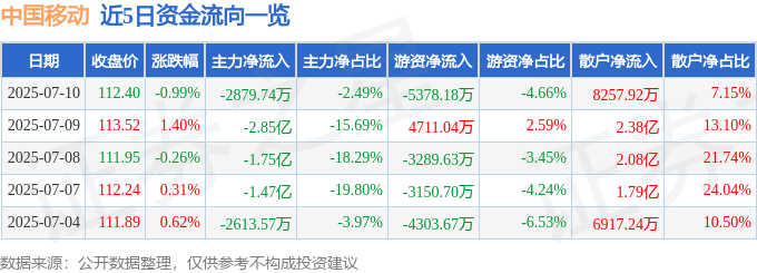 股票行情快报：中国移动（600941）7月10日主力资金净卖出2879.74万元